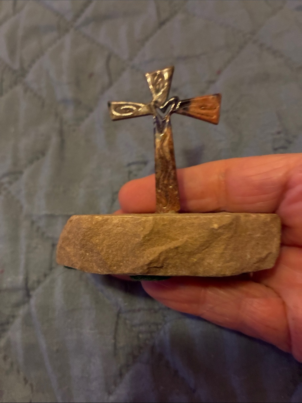 Handcrafted Metal Cross on Natural Stone Base - Brown/Gold Accent